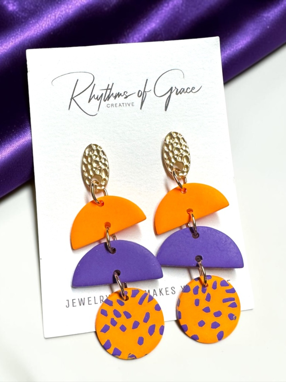 LSU Inspired Purple Orange Geometric Polymer Clay Statement Earrings